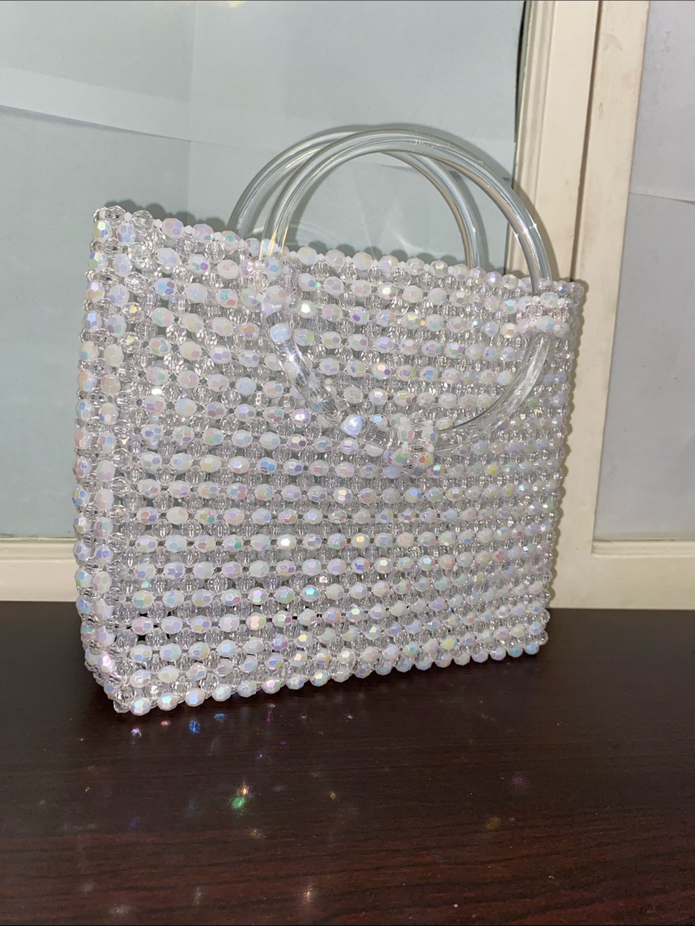 Iridescent Beaded Clear Handle Tote Bag - White